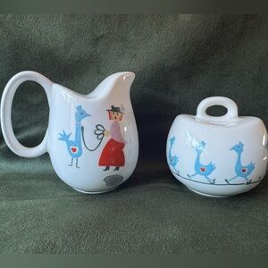Charming White Vintage Ceramic Salt and Pepper Set with Lady Walking a Bird